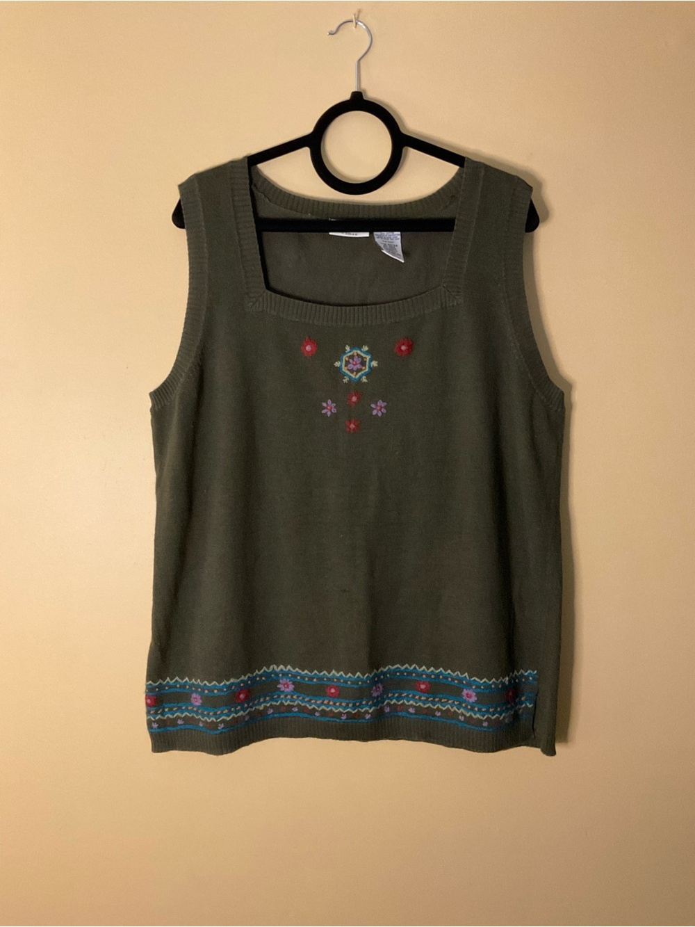 White Stag Olive Green Embroidered Sleeveless Knit Tank